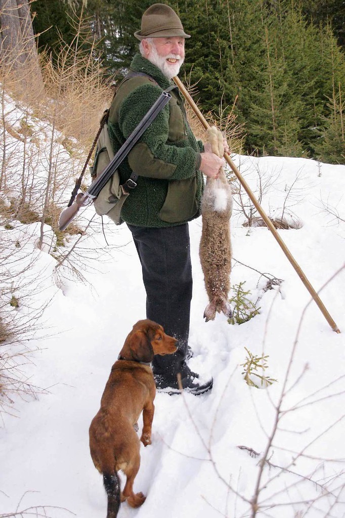 Lois Mattersberger bei der Hasenjagd in Matrei mit seiner Hündin "Dixi vom Mühllach"